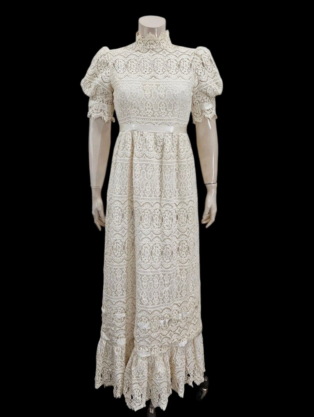 Vtg 70s LORRIE DEB Ivory Puff Sleeves Crochet Ribbon Lace Maxi Dress S